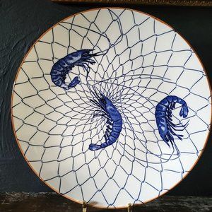Vintage Asahi Japan Plate, Large Round Prawn Plate, Blue and White Porcelain